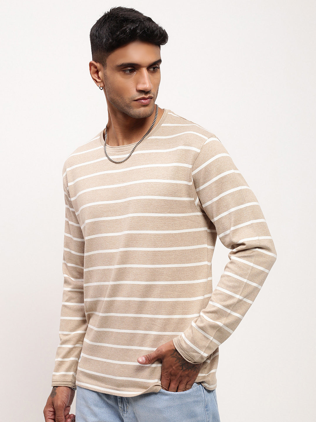 Men Beige Striped T Shirt