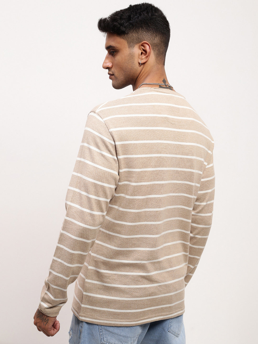 Men Beige Striped T Shirt