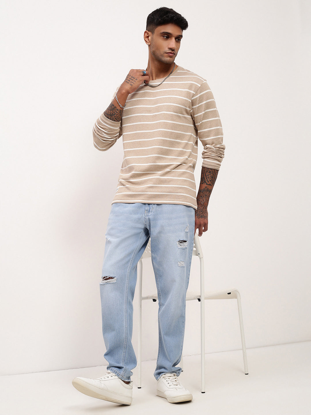 Men Beige Striped T Shirt