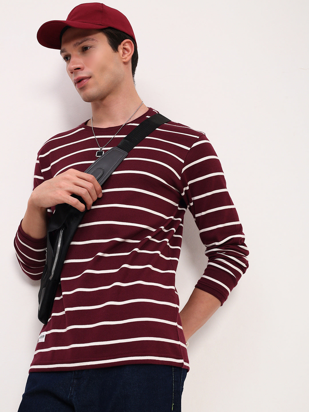 Men Burgundy Striped T Shirt