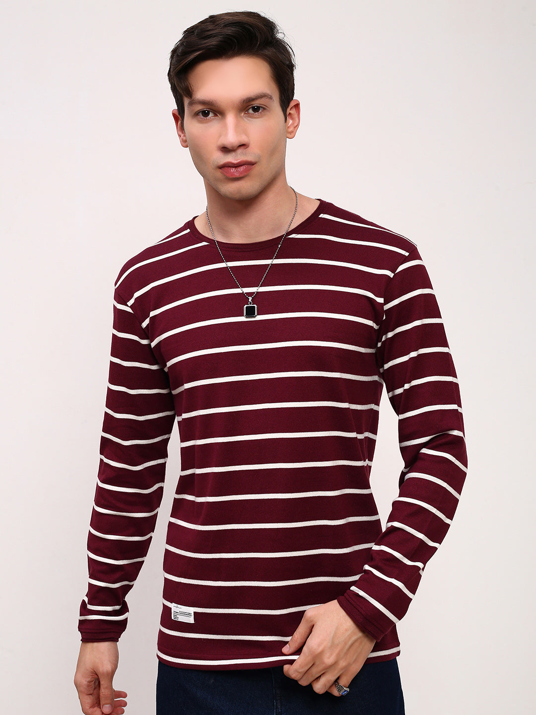 Men Burgundy Striped T Shirt