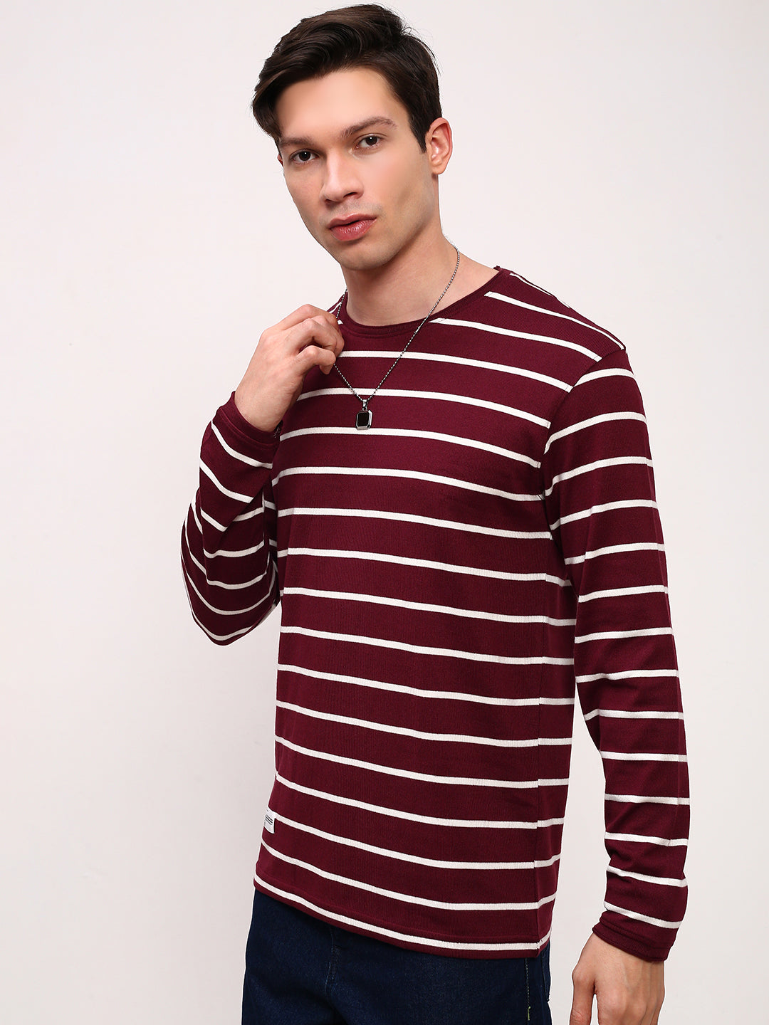 Men Burgundy Striped T Shirt