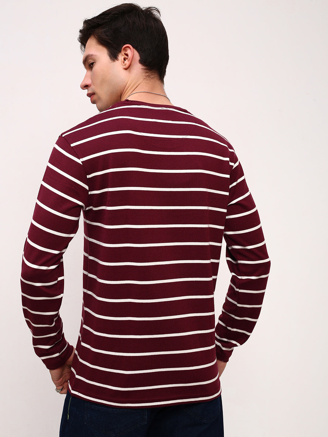 Men Burgundy Striped T Shirt