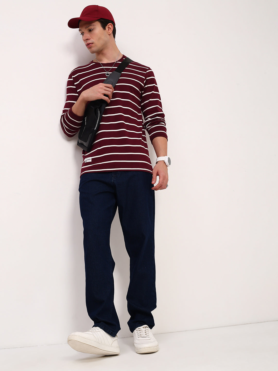 Men Burgundy Striped T Shirt