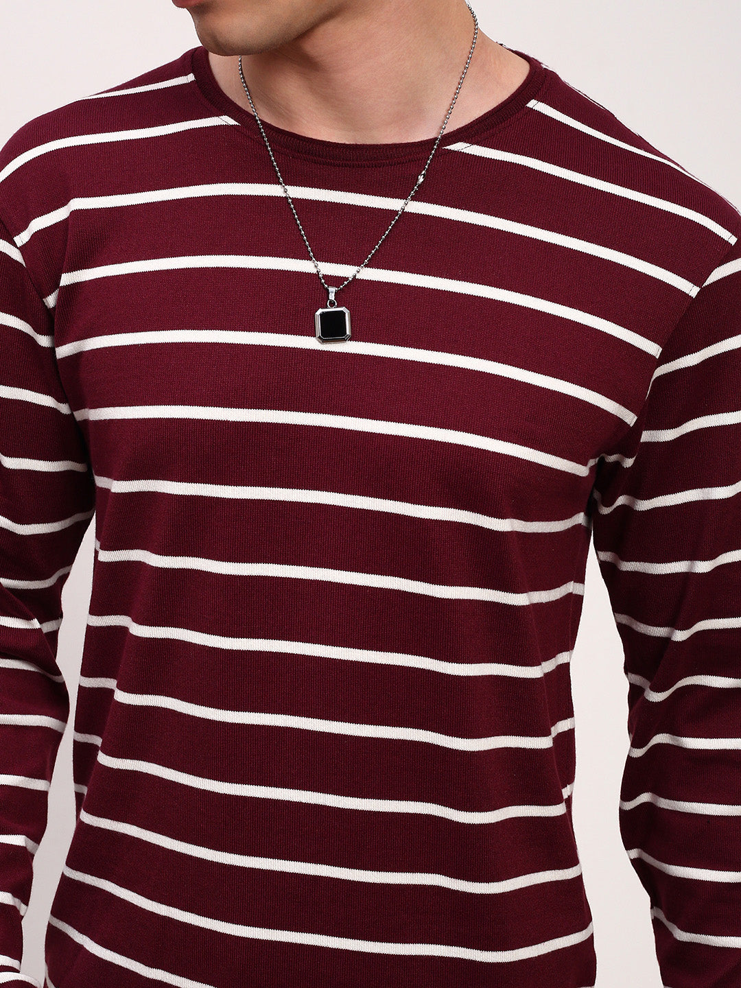 Men Burgundy Striped T Shirt