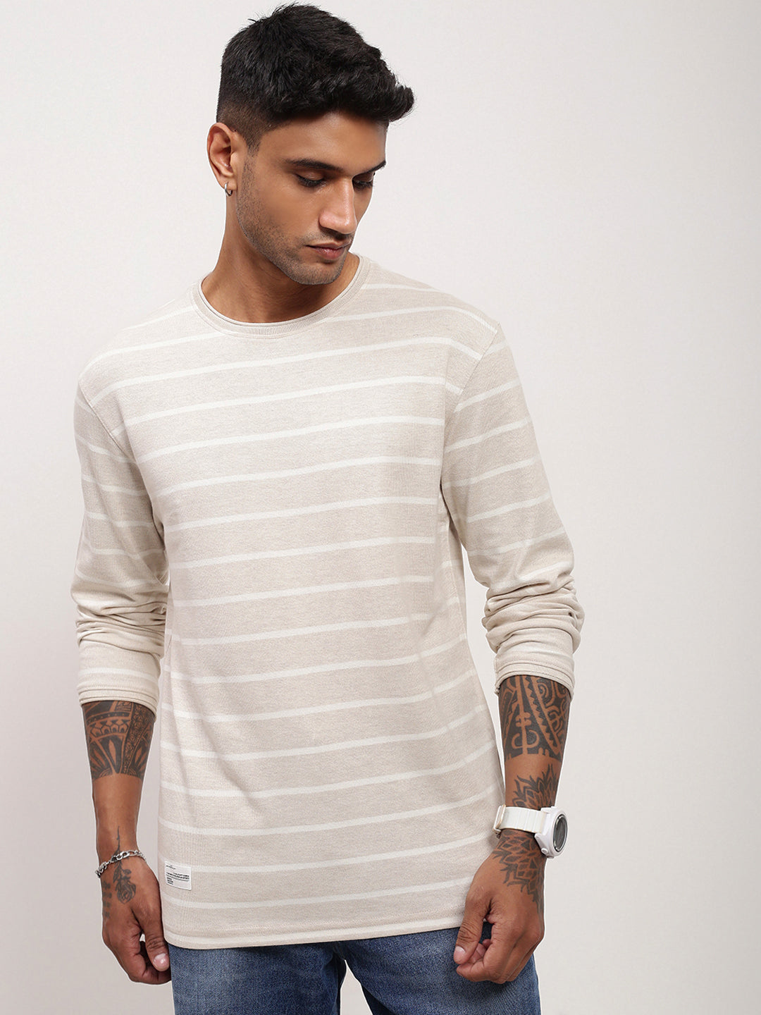 Men Cream Striped T Shirt