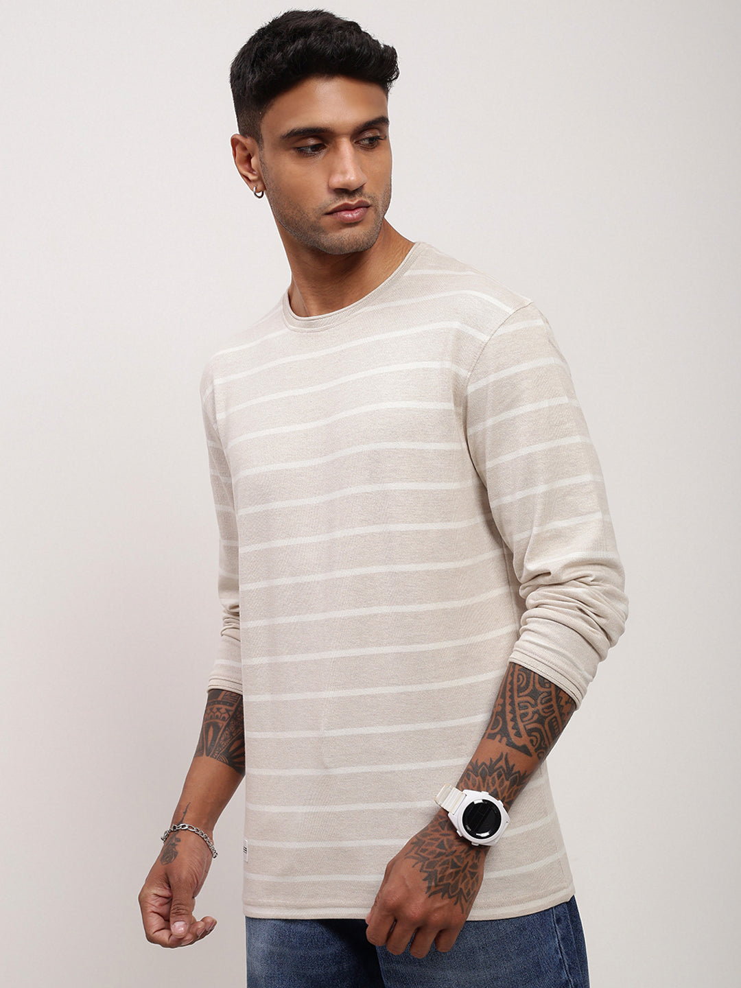 Men Cream Striped T Shirt