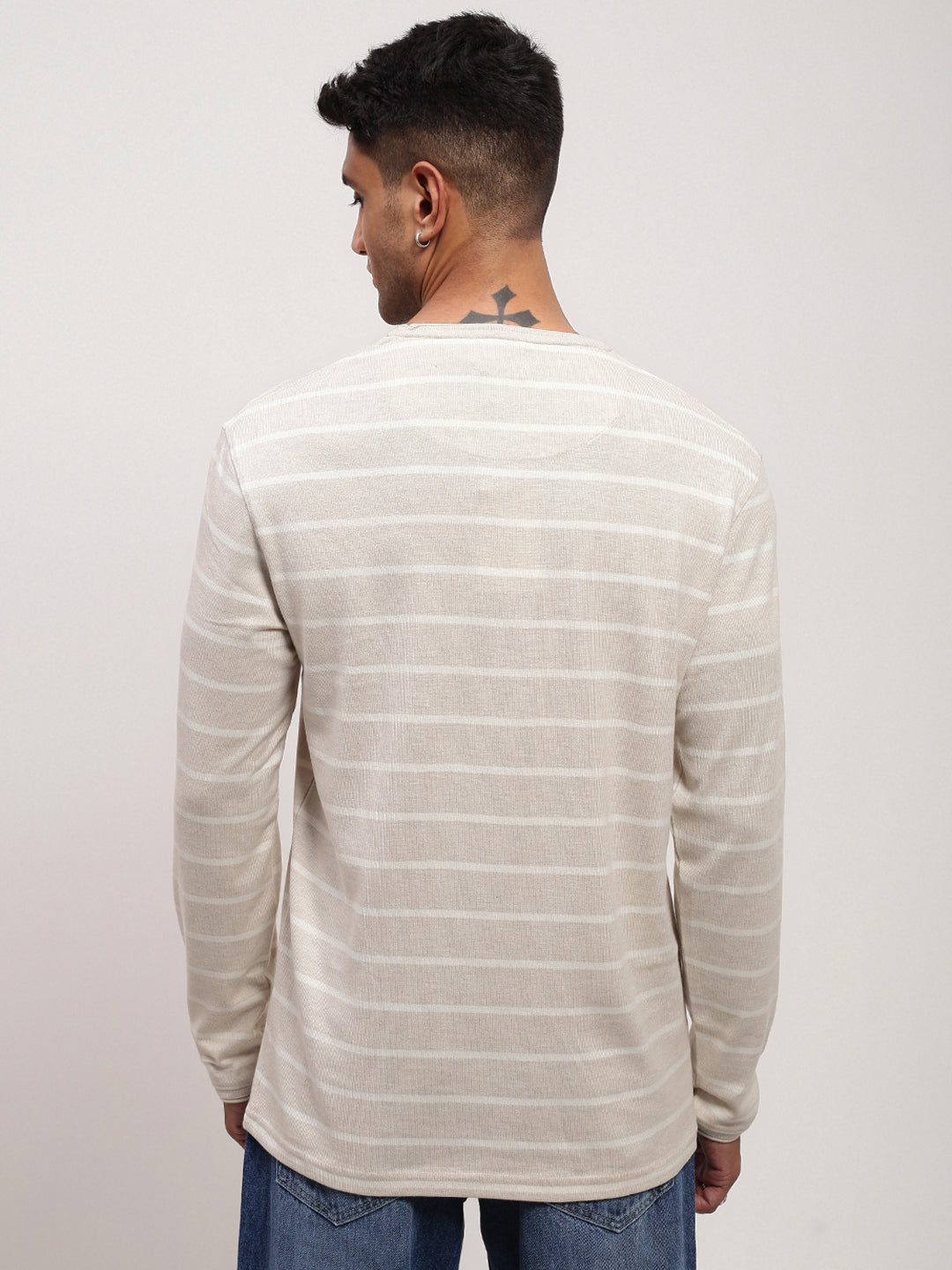 Men Cream Striped T Shirt