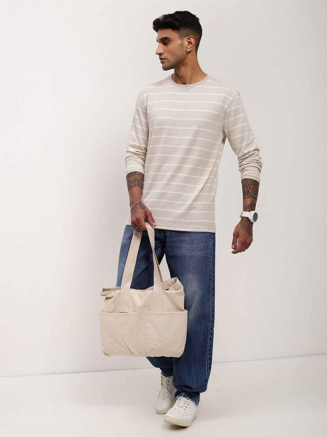 Men Cream Striped T Shirt