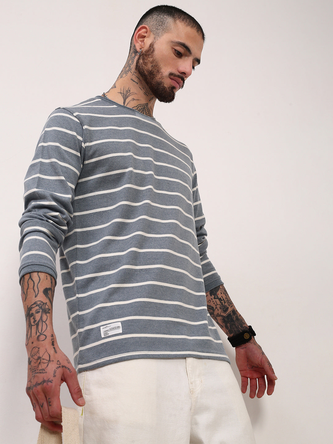 Men Grey Striped T Shirt