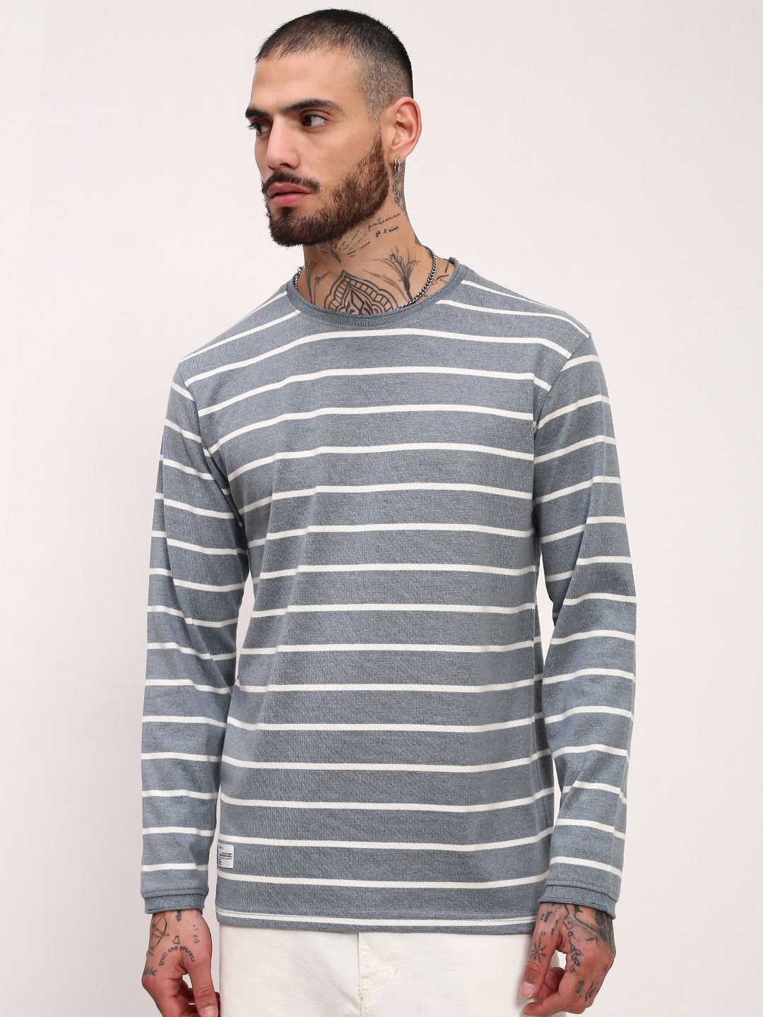 Men Grey Striped T Shirt