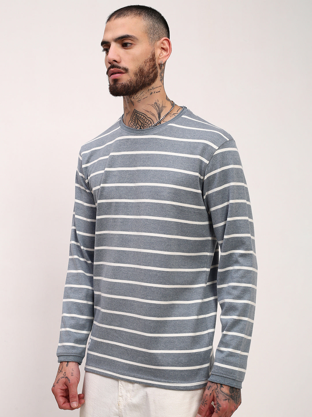 Men Grey Striped T Shirt