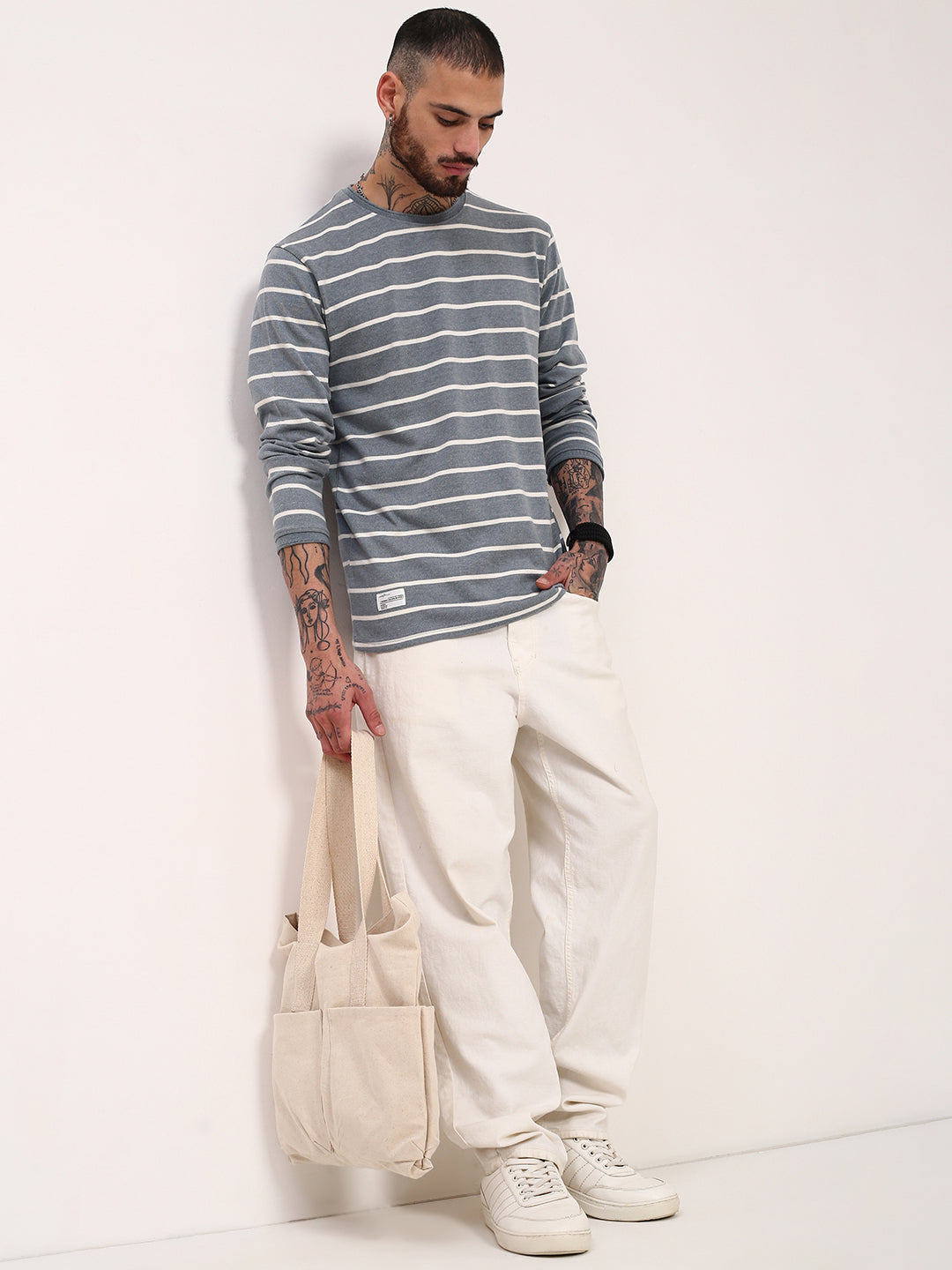 Men Grey Striped T Shirt