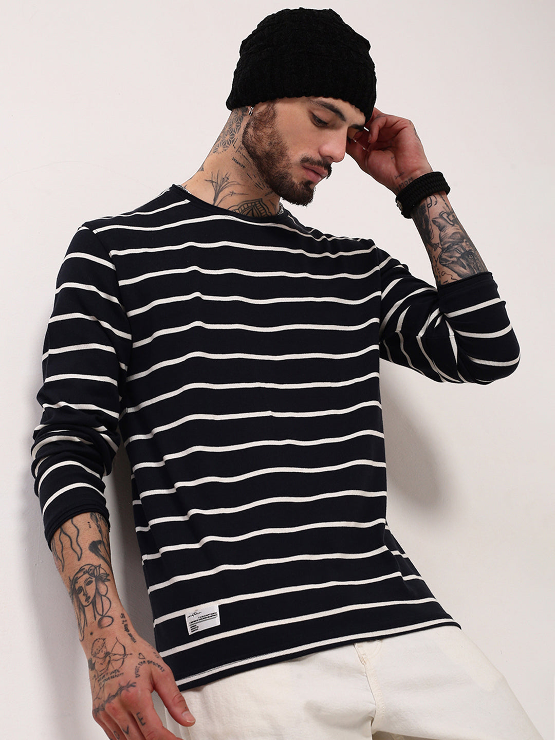 Men Navy Blue Striped T Shirt