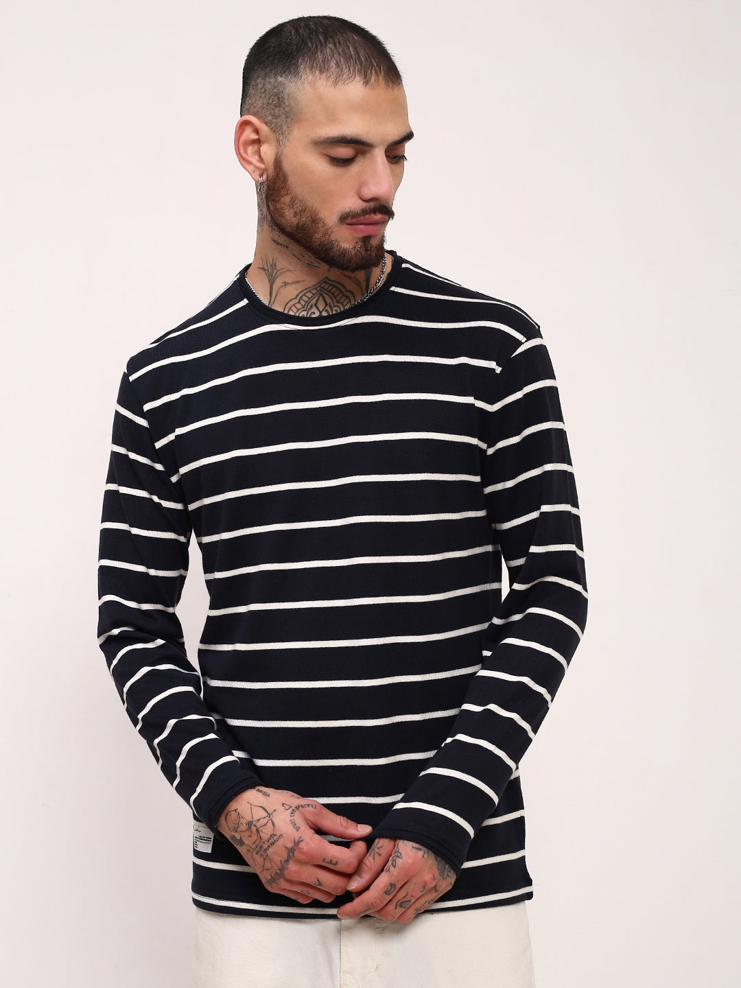 Men Navy Blue Striped T Shirt