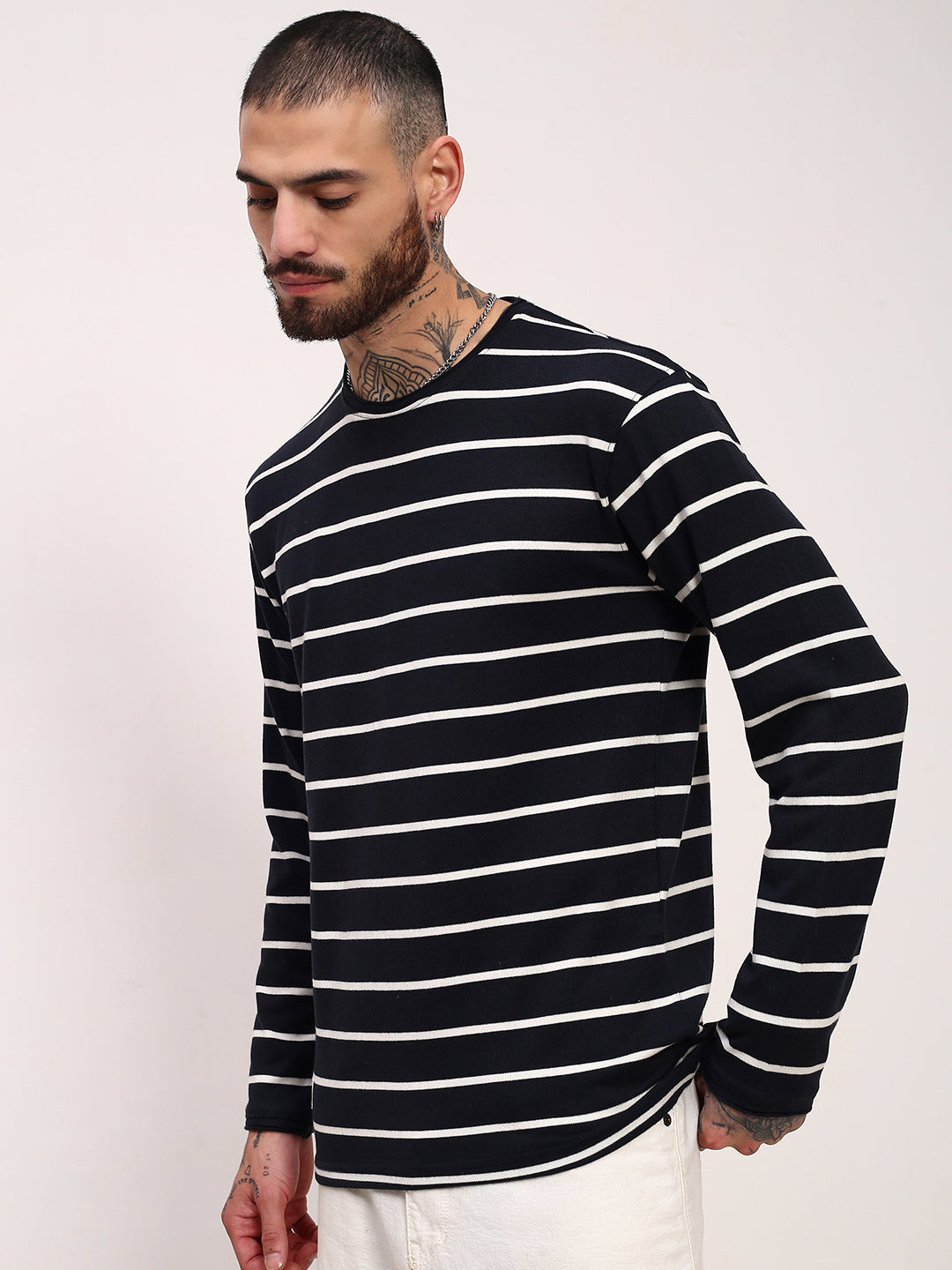 Men Navy Blue Striped T Shirt