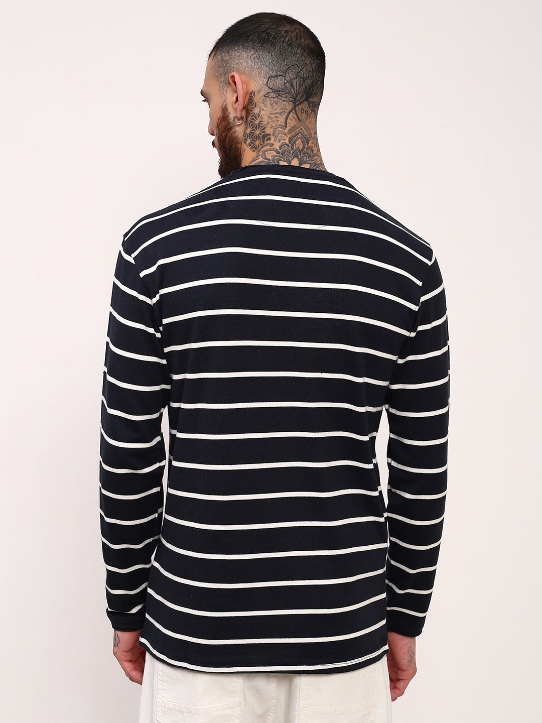 Men Navy Blue Striped T Shirt