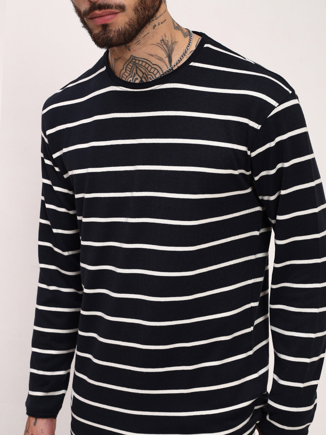 Men Navy Blue Striped T Shirt