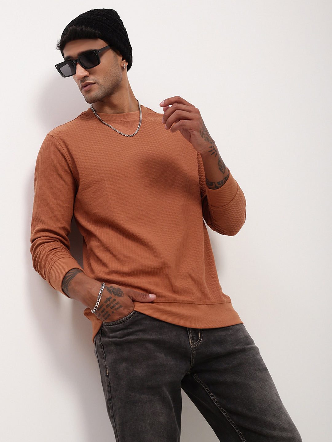 Men Rust Solid Sweatshirt