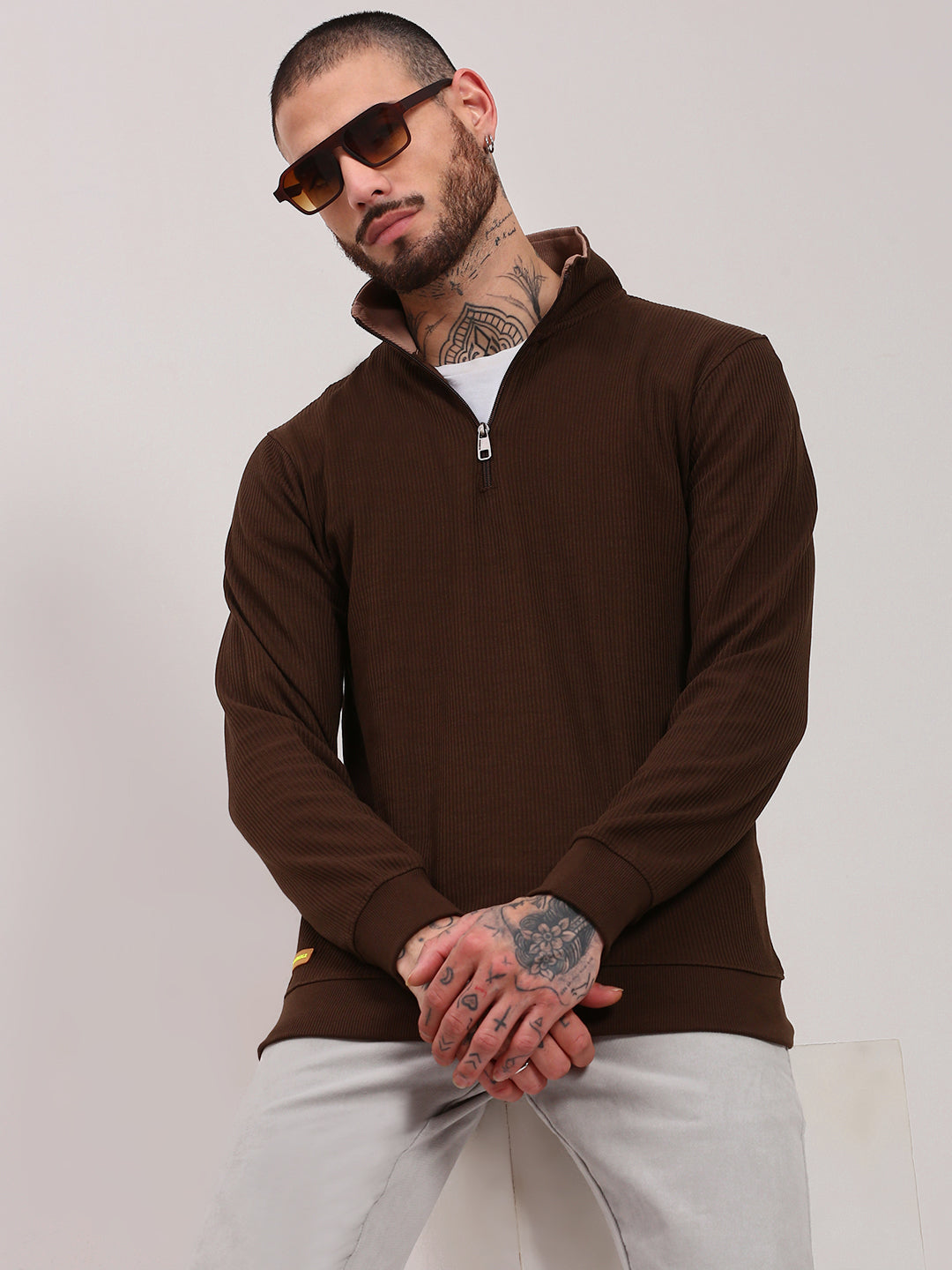 Men Brown Solid Sweater