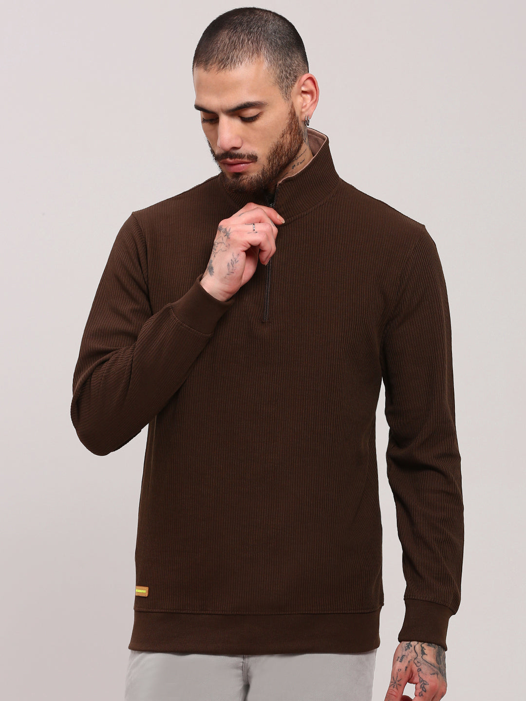 Men Brown Solid Sweater