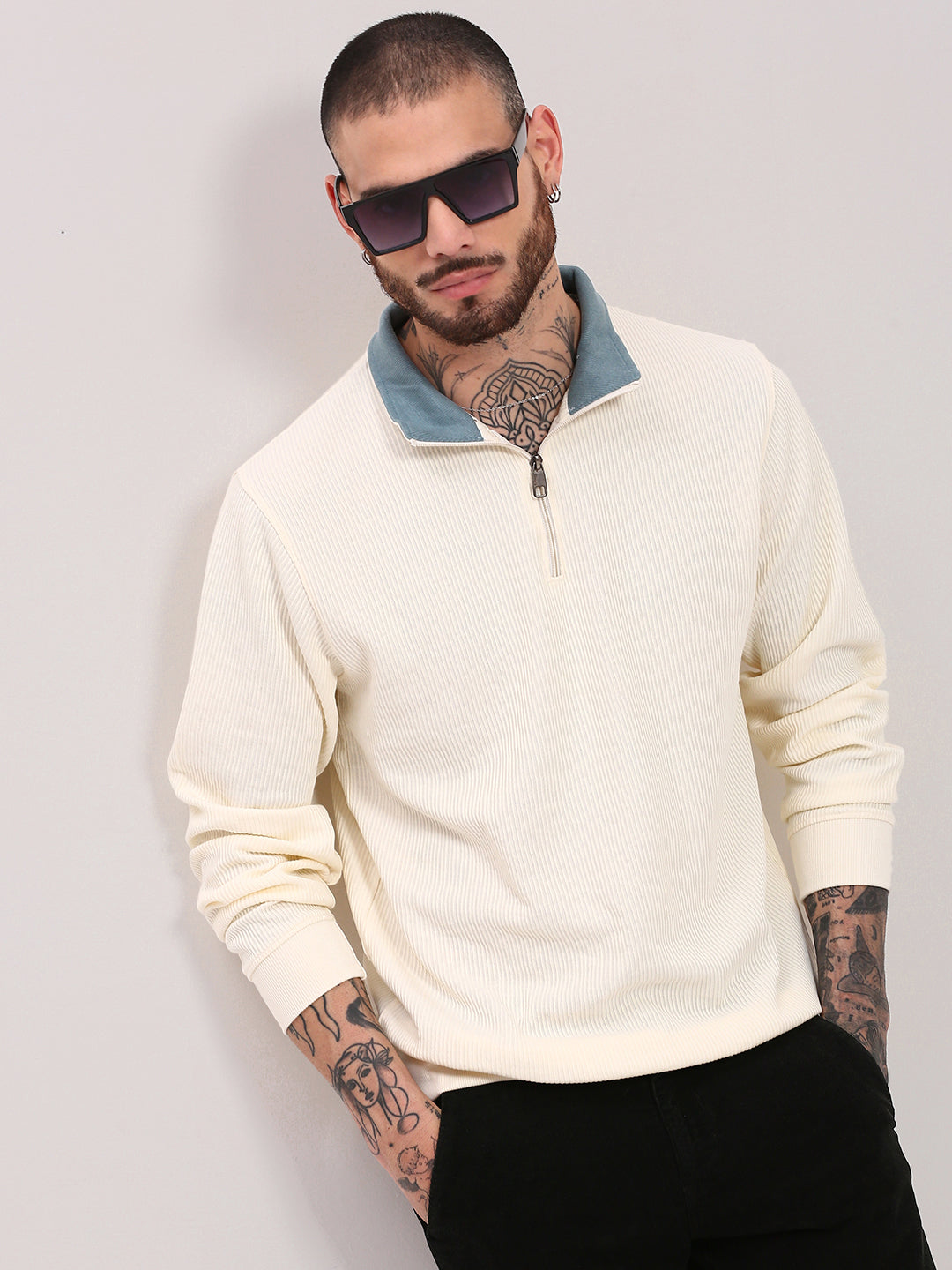 Men Cream Solid Sweater