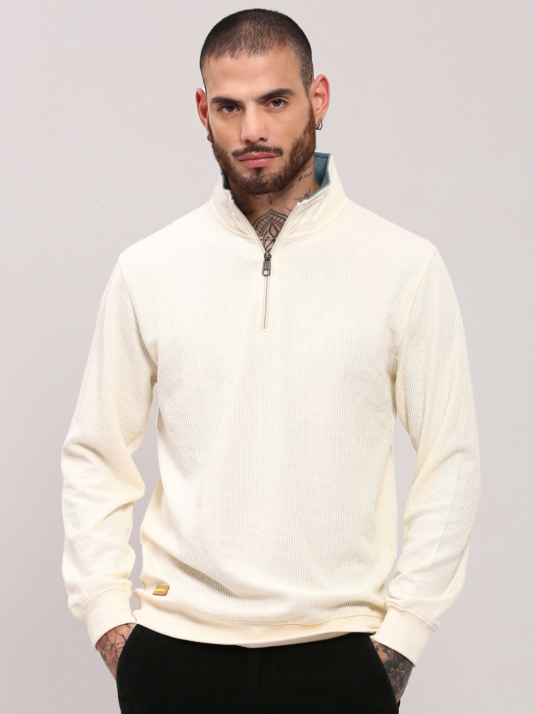 Men Cream Solid Sweater