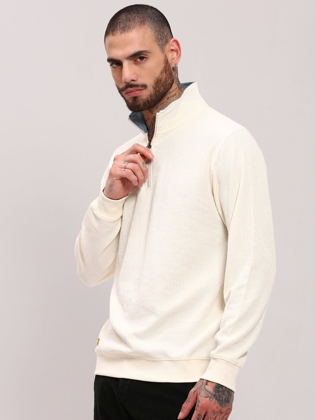 Men Cream Solid Sweater