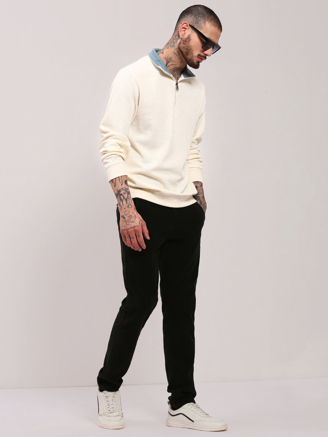 Men Cream Solid Sweater