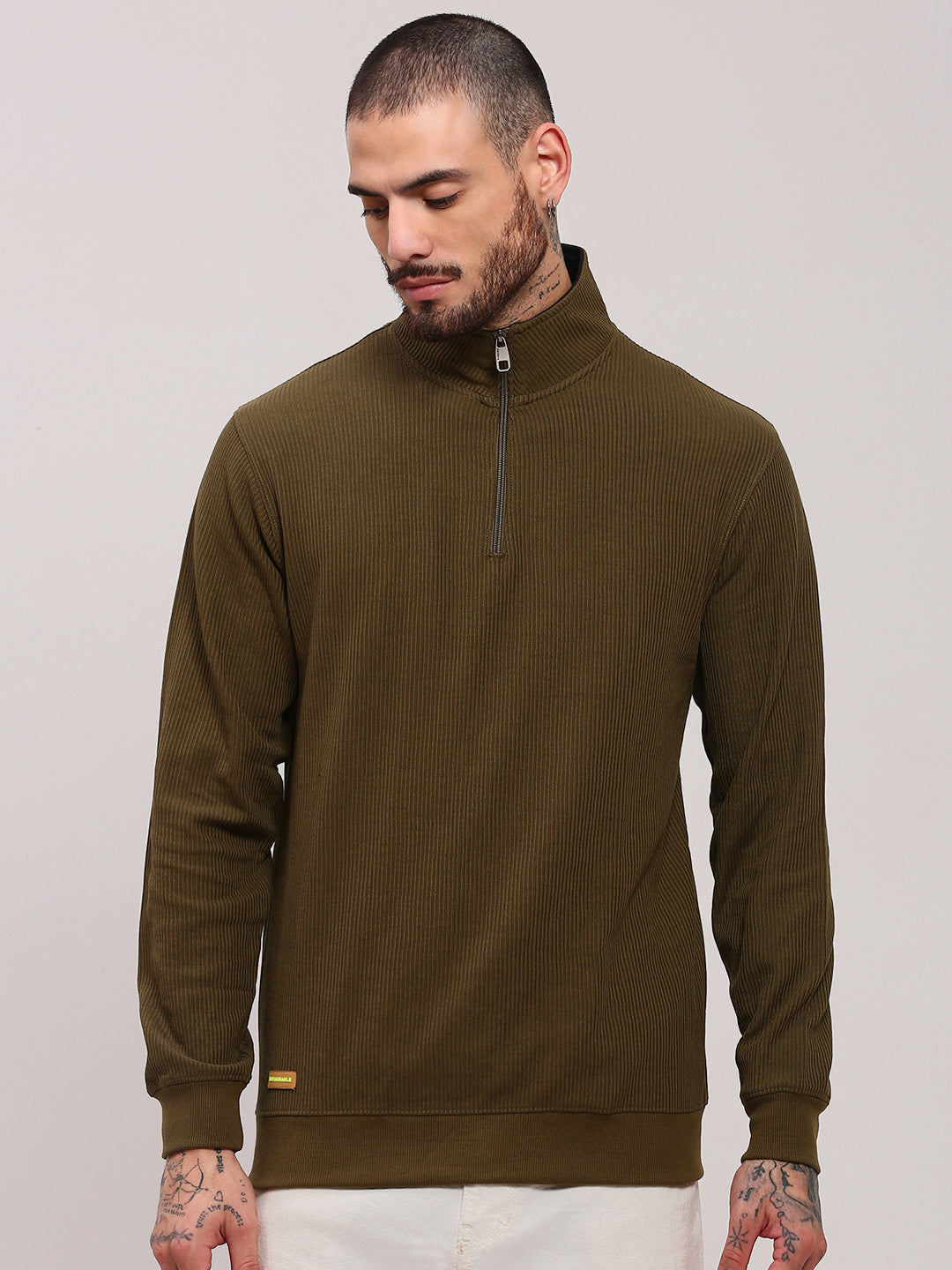 Men Olive Solid Sweater