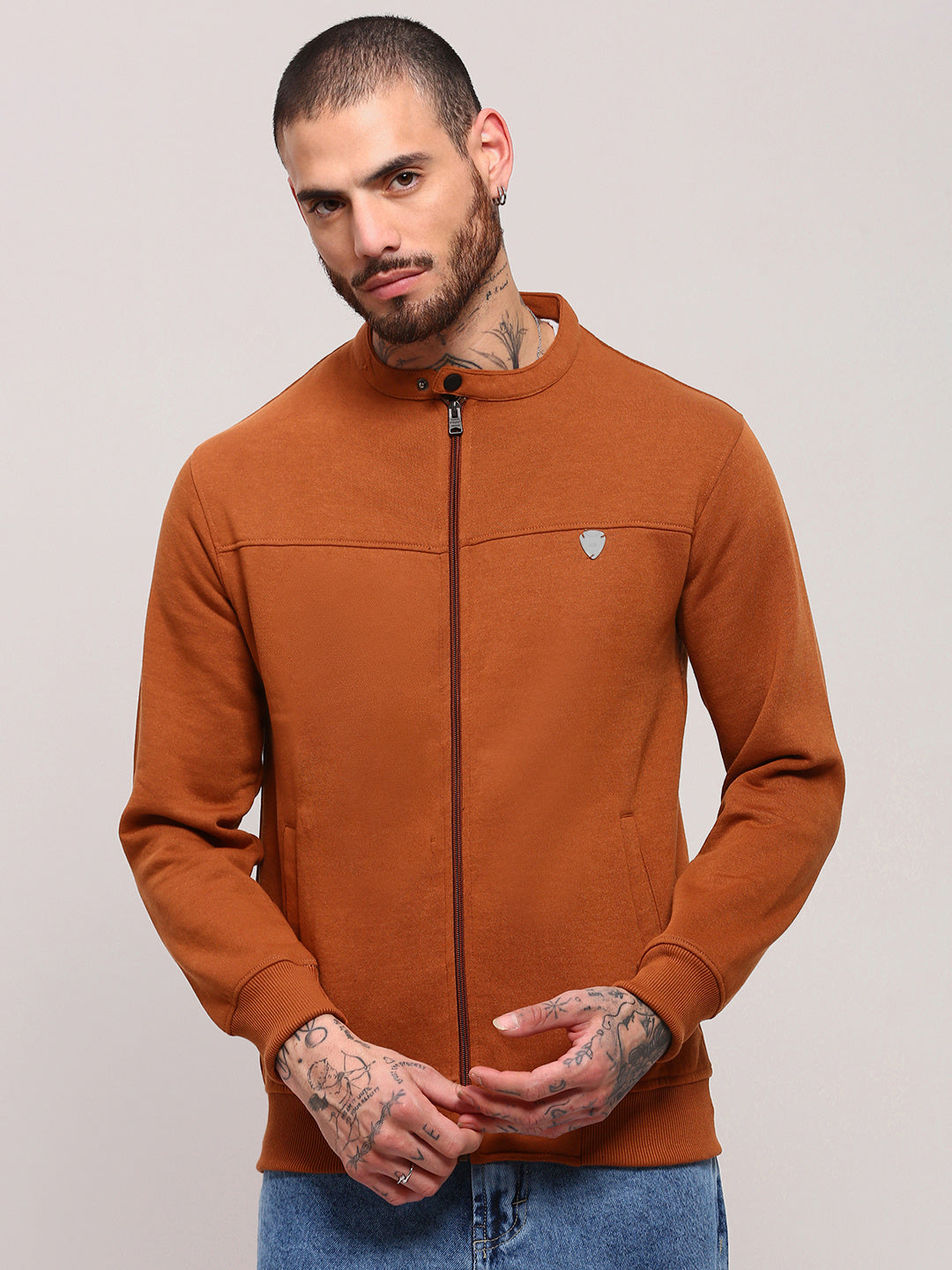 Men Camel Brown Solid Sweatshirt