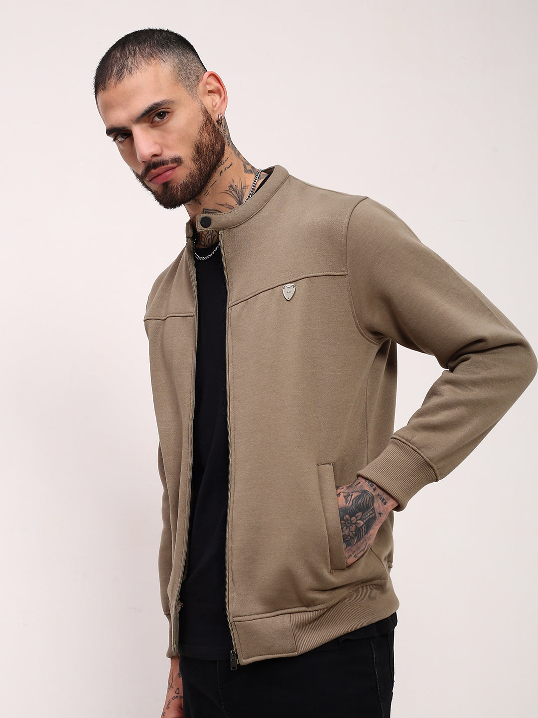 Men Khaki Solid Sweatshirt