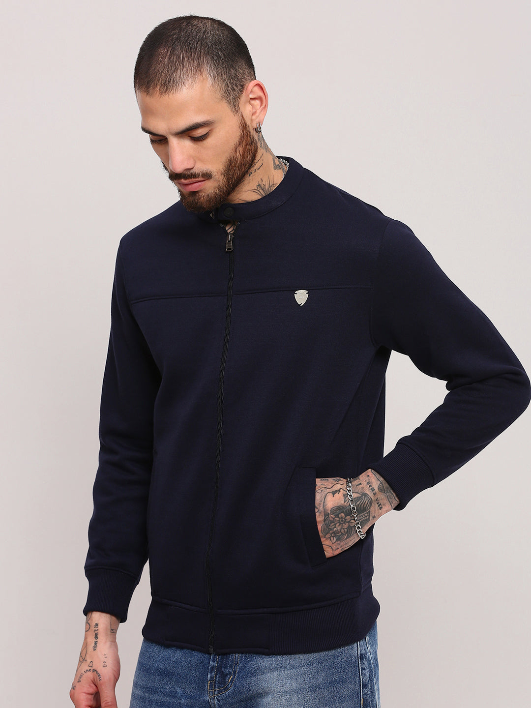 Men Navy Blue Solid Sweatshirt