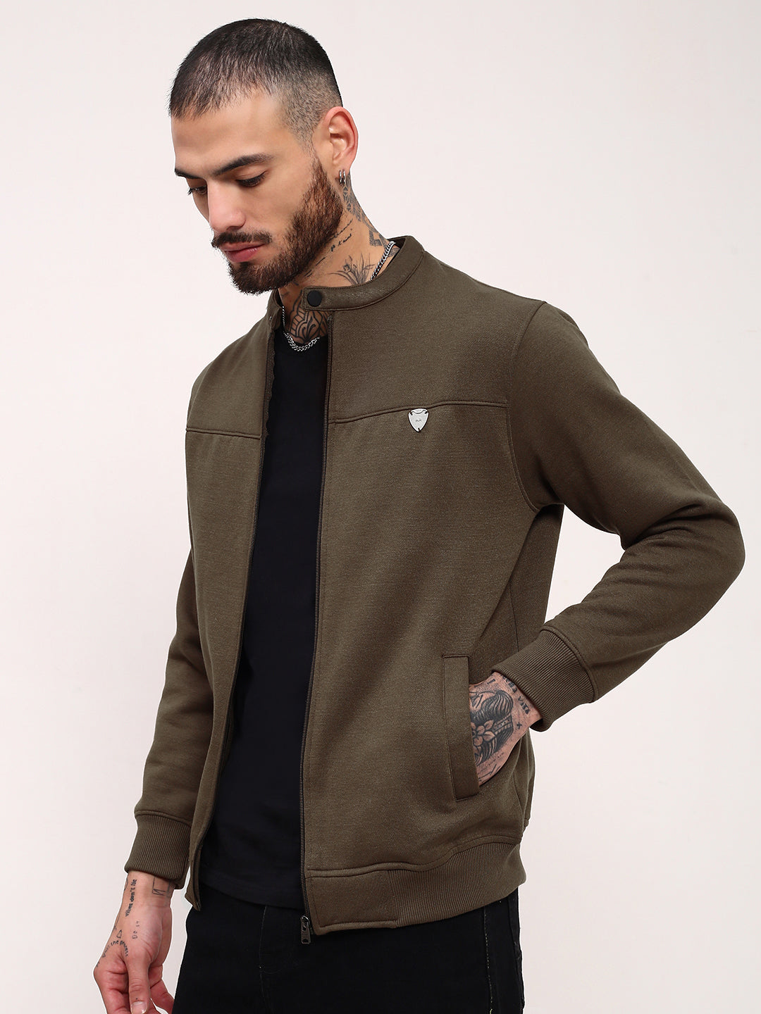 Men Olive Solid Sweatshirt