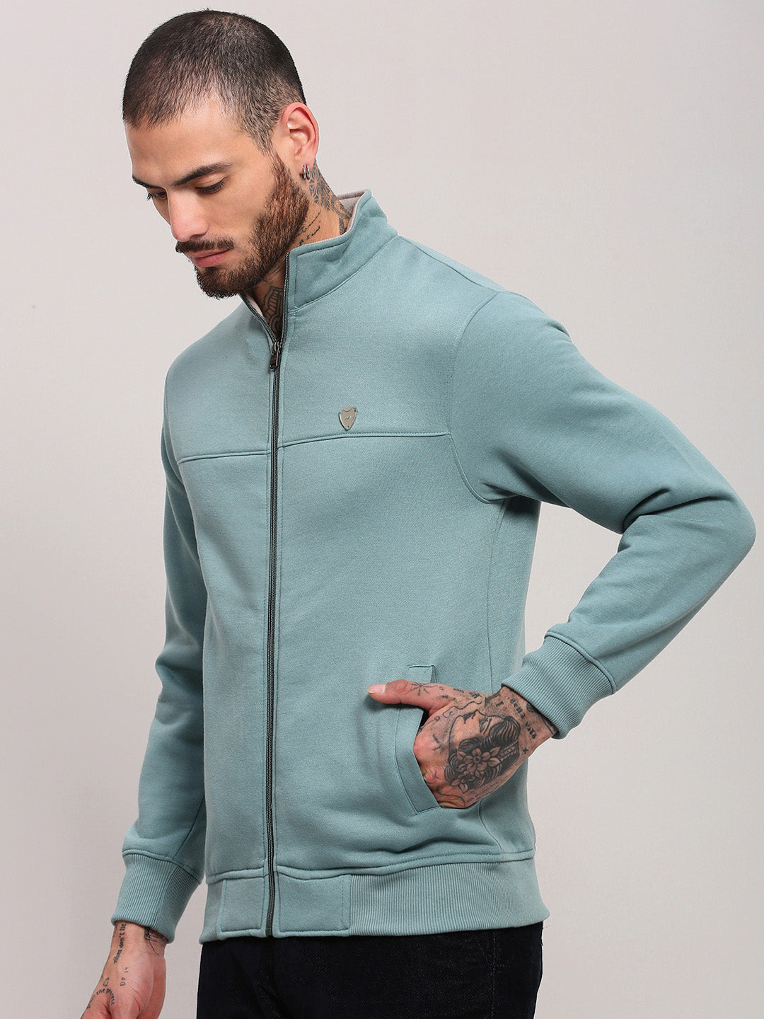 Men Sea Green Solid Sweatshirt