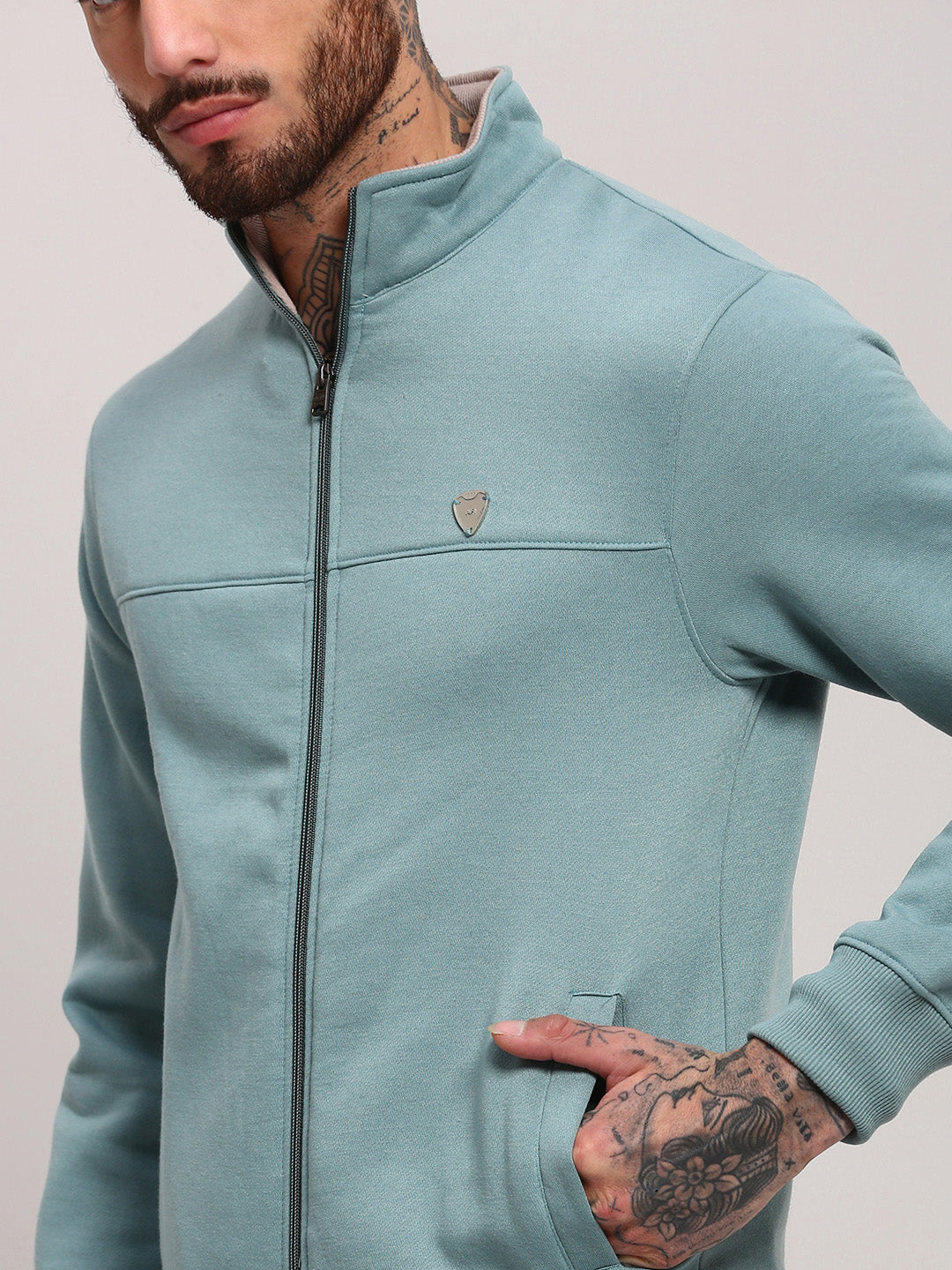 Men Sea Green Solid Sweatshirt