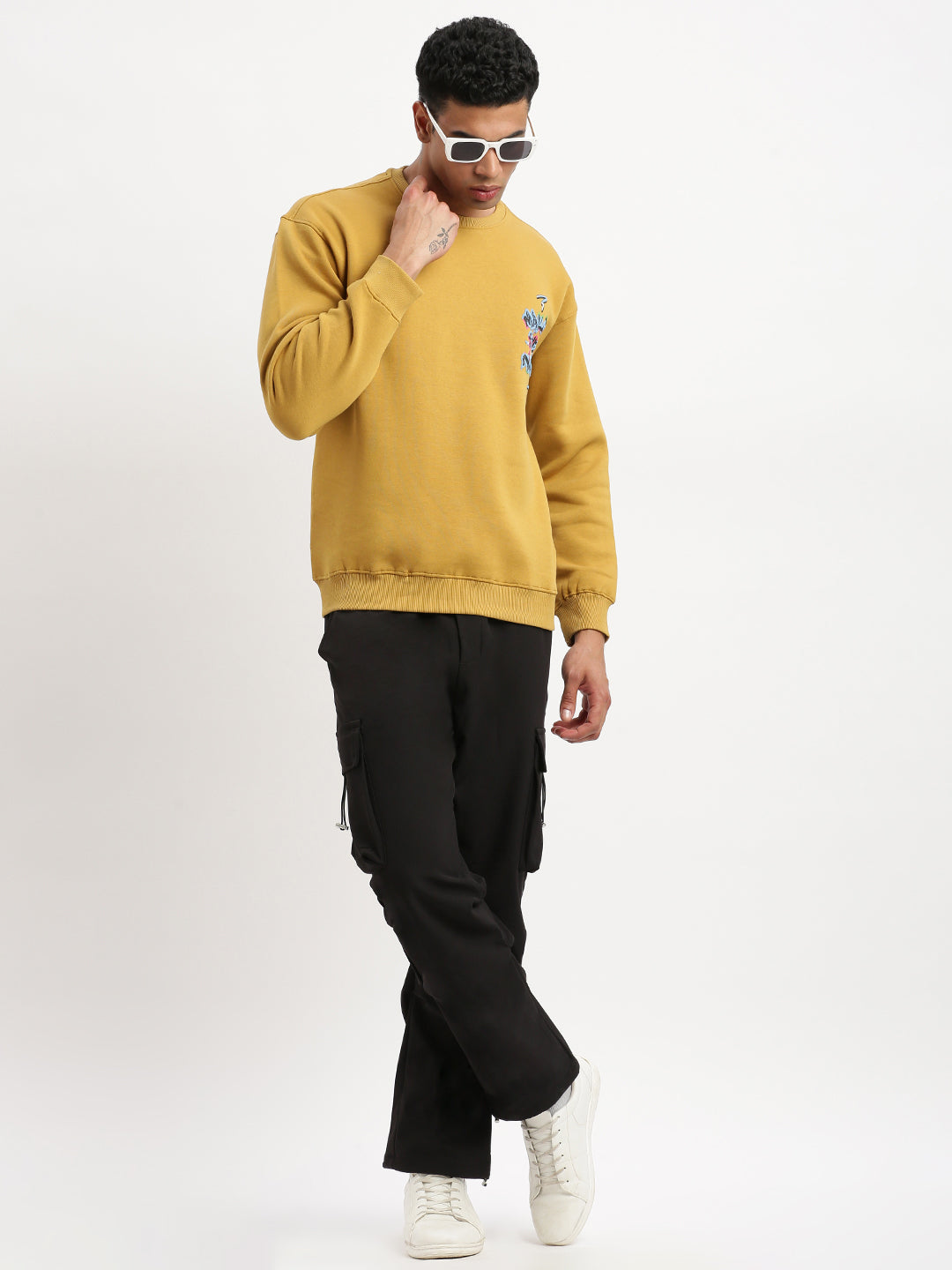 Men Mustard Graphic Round Neck Pullover