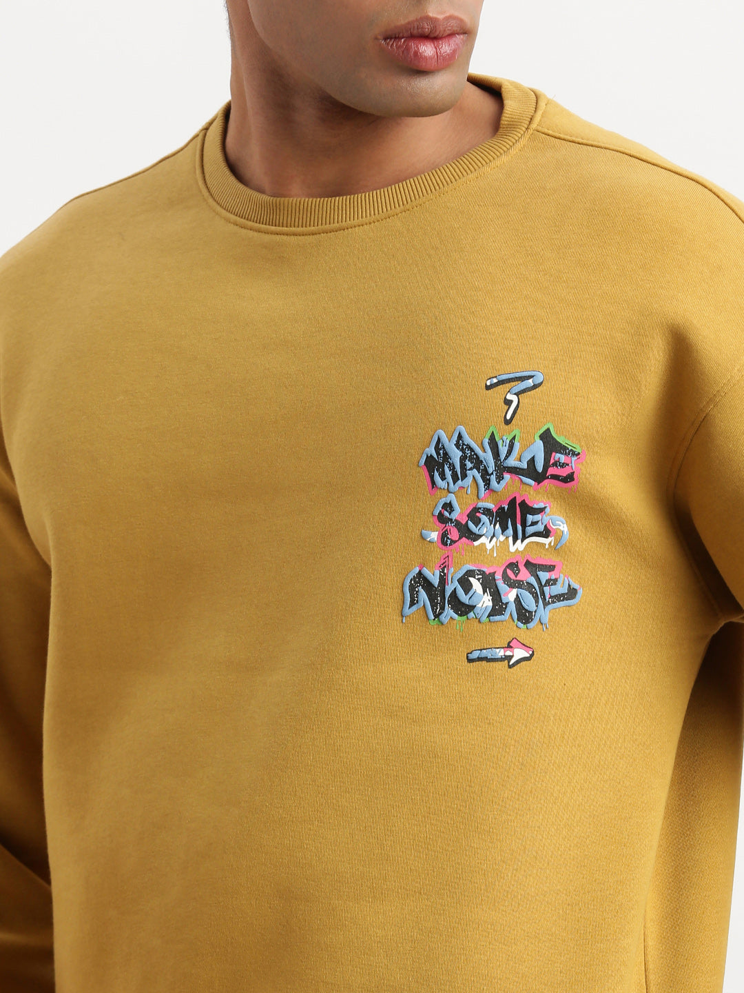 Men Mustard Graphic Round Neck Pullover