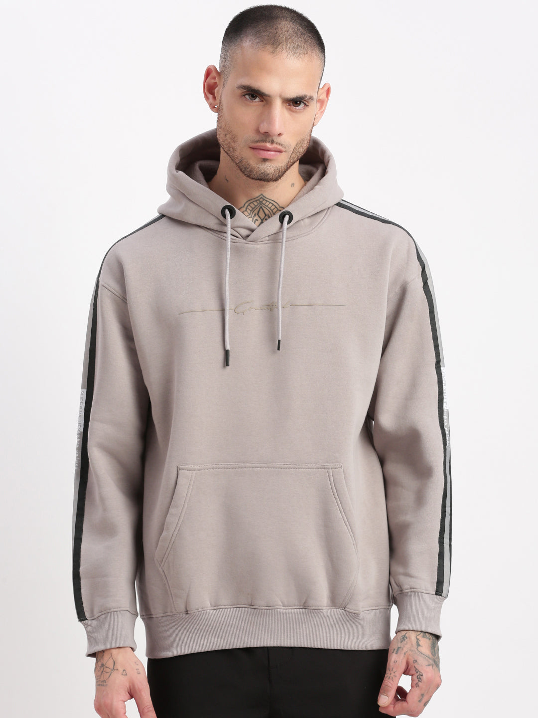 Men's Grey Solid Hooded Pullover