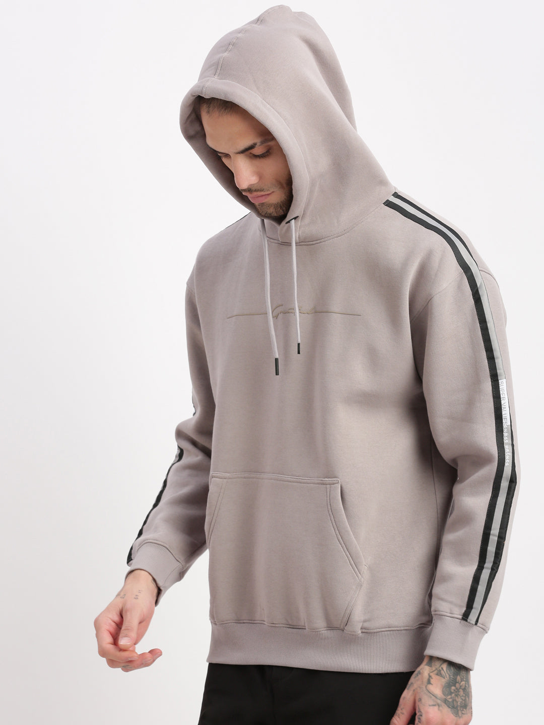Men's Grey Solid Hooded Pullover