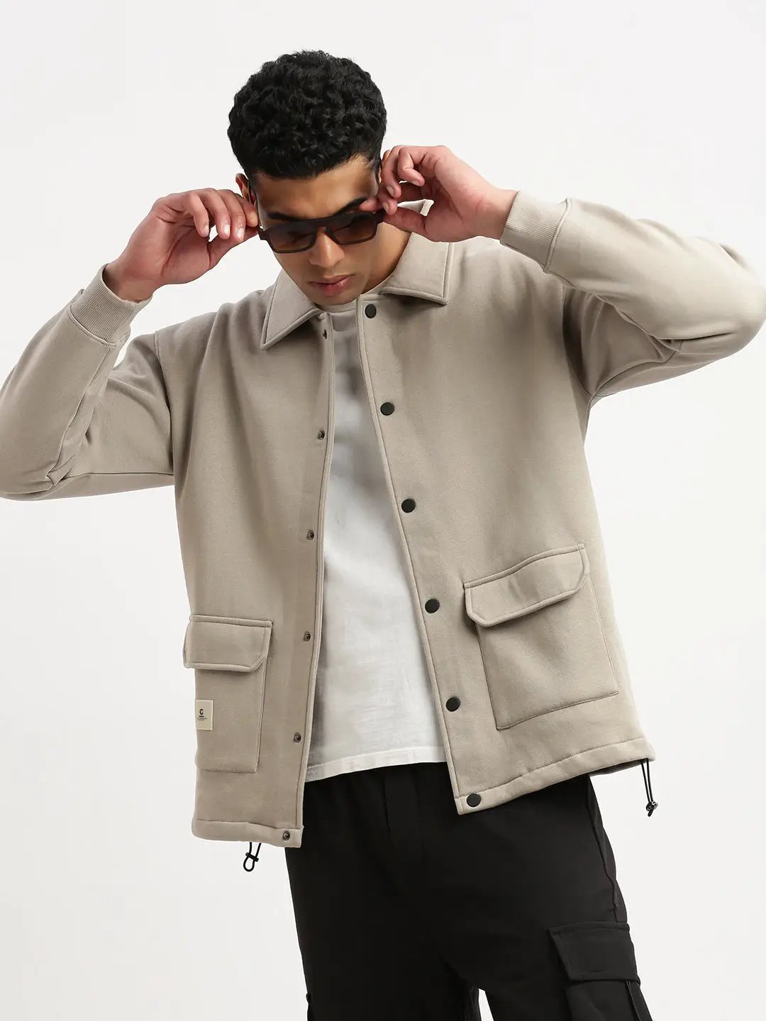 Men's Spread Collar Beige Solid Tailored Jacket