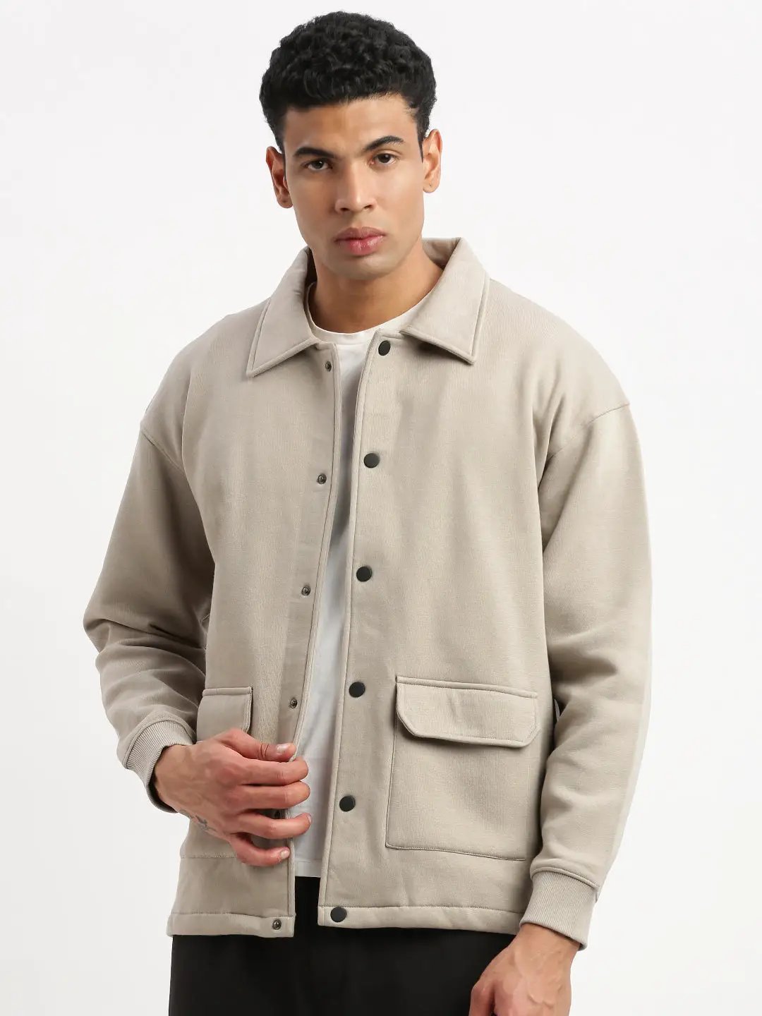 Men's Spread Collar Beige Solid Tailored Jacket