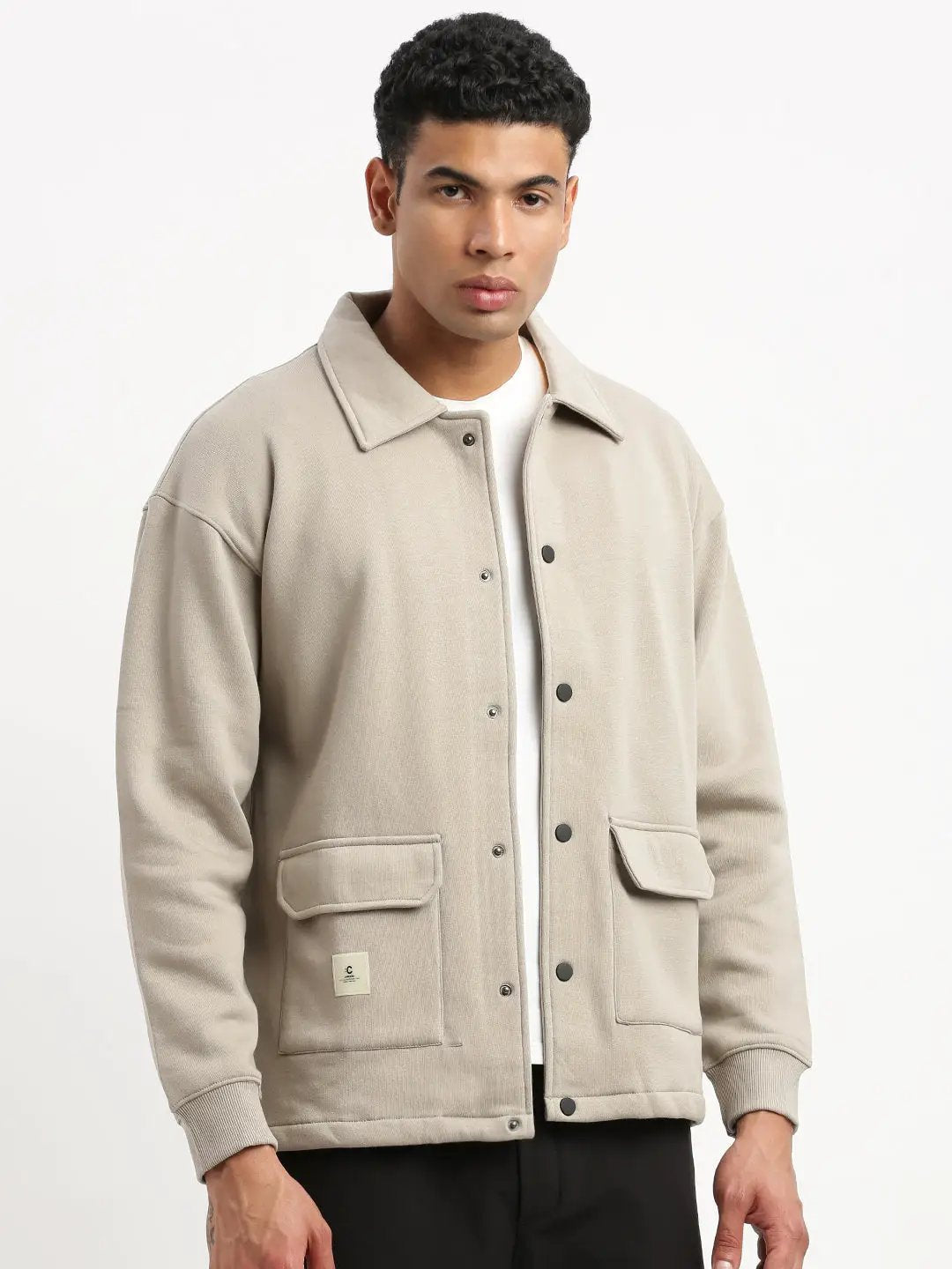 Men's Spread Collar Beige Solid Tailored Jacket