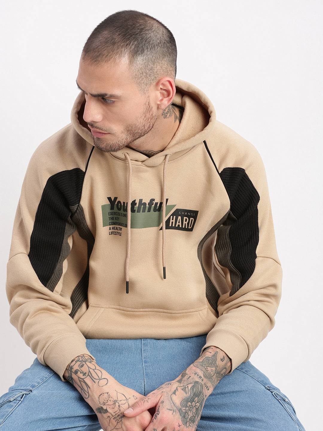 Men Beige Graphic Hooded Pullover