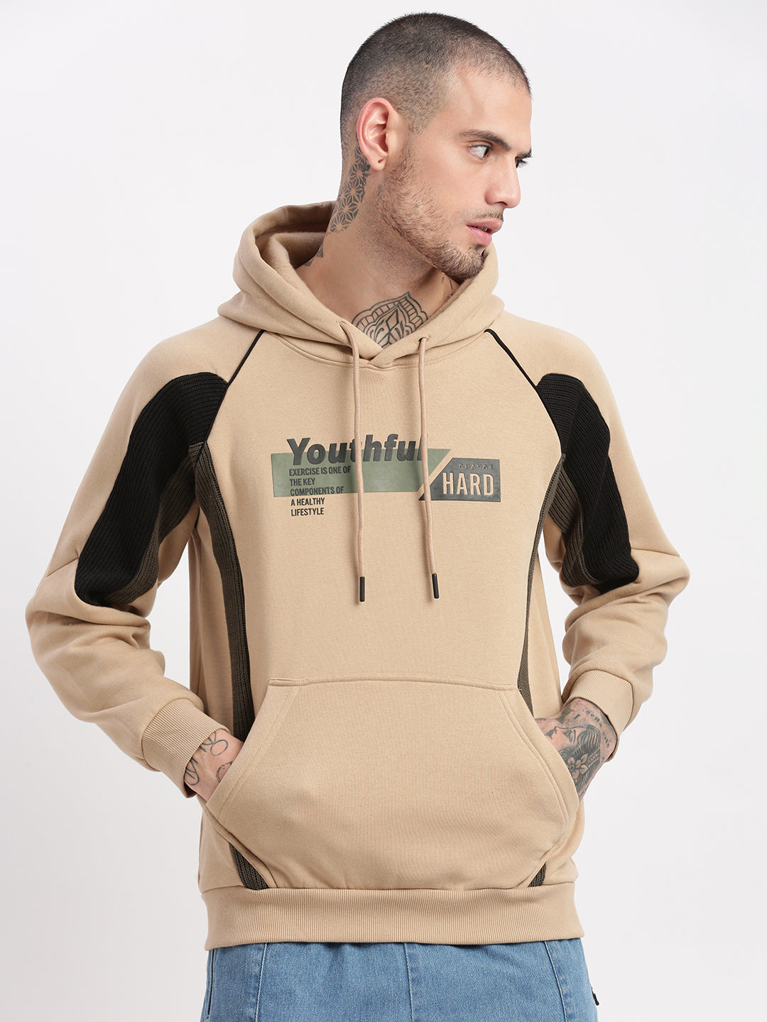 Men Beige Graphic Hooded Pullover