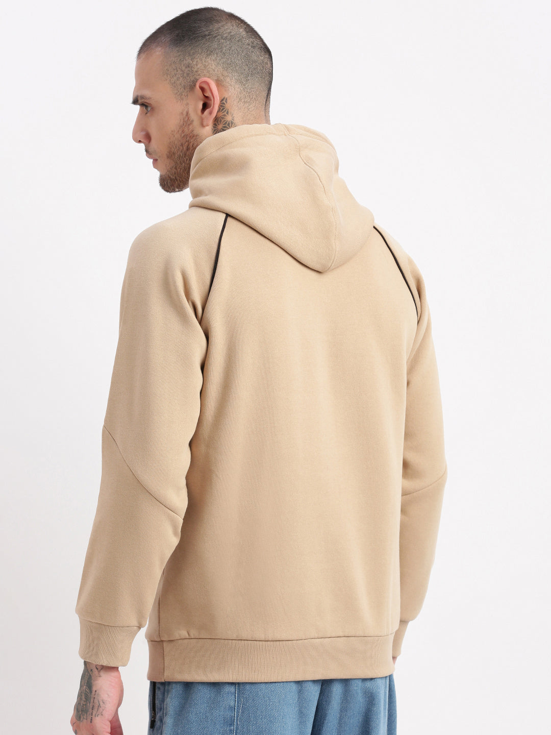 Men Beige Graphic Hooded Pullover