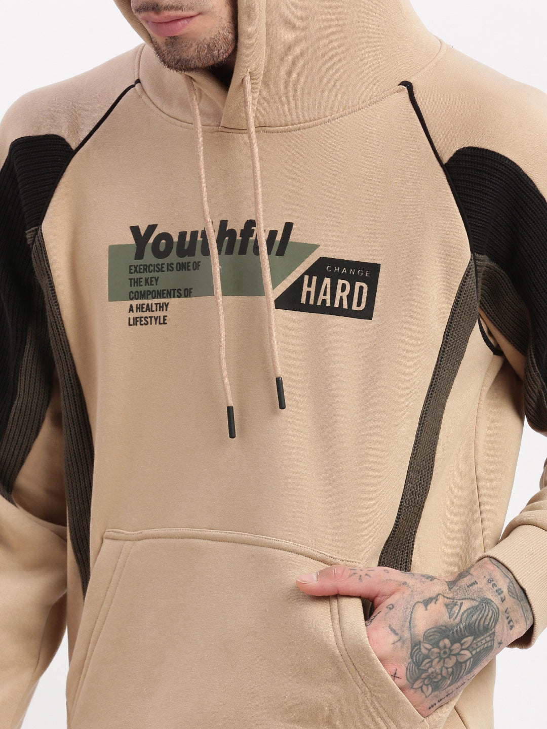 Men Beige Graphic Hooded Pullover