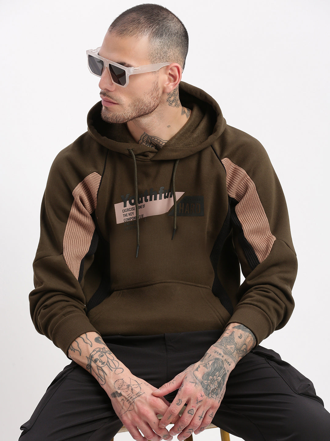 Men Olive Graphic Hooded Pullover