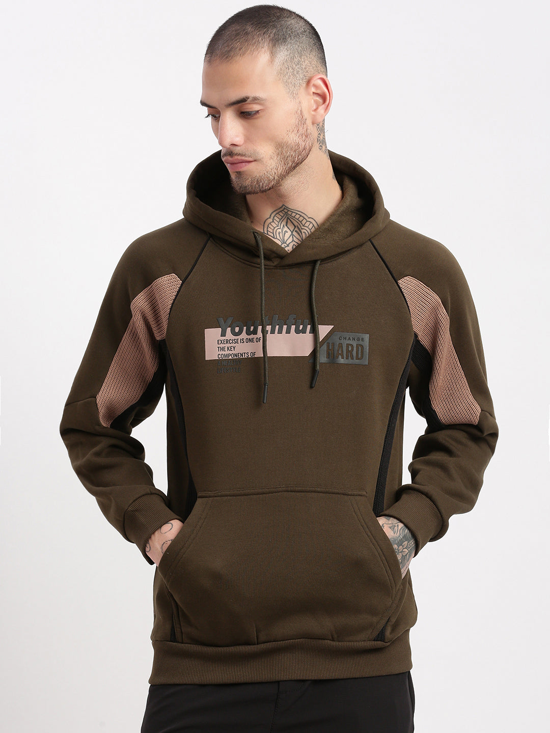 Men Olive Graphic Hooded Pullover