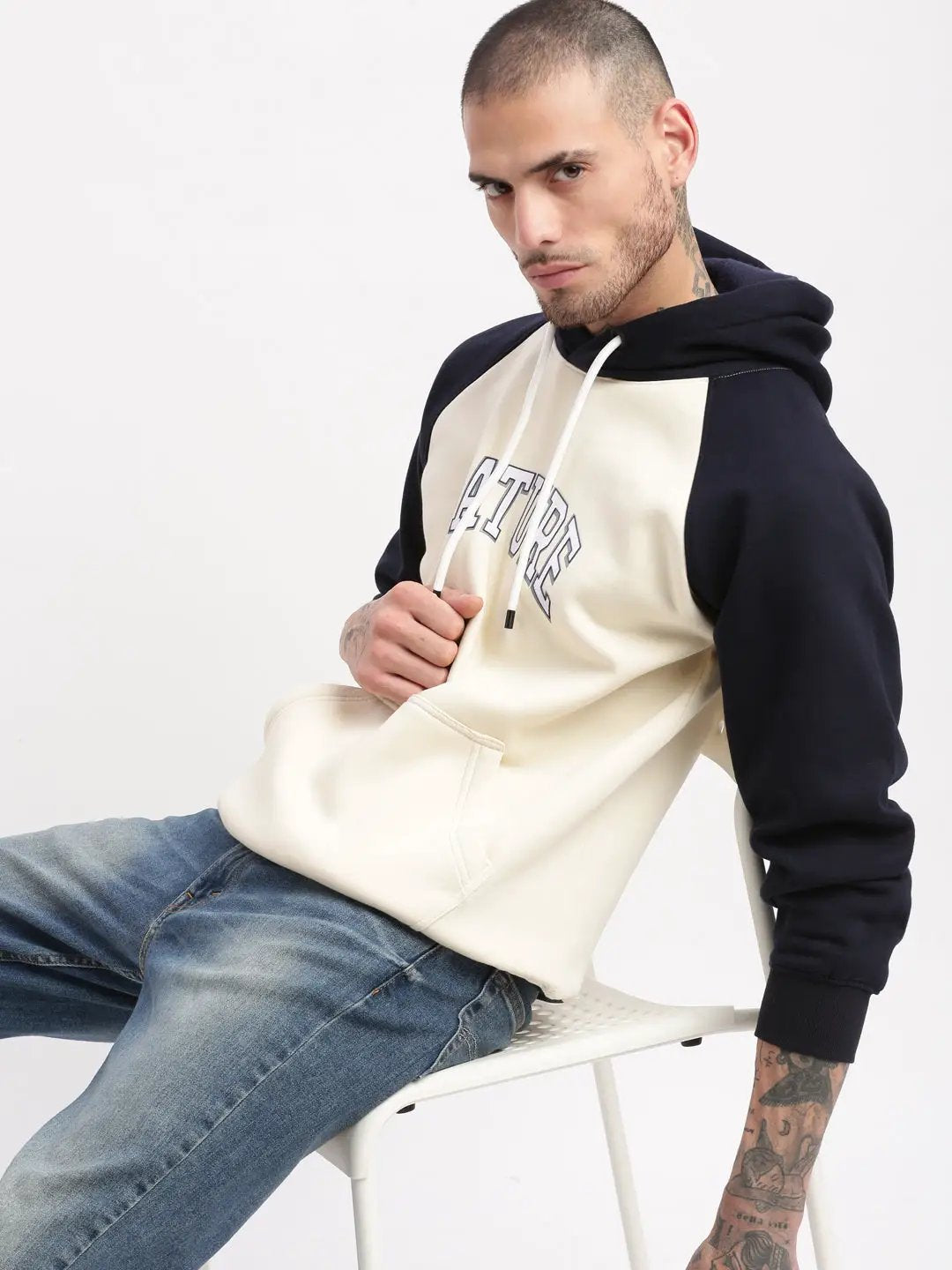 Men's Cream Colourblocked Hooded Pullover